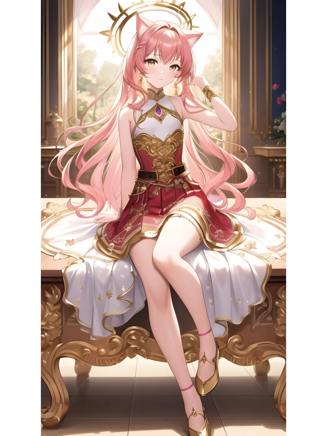 猫耳天使光环优雅长裙女孩，动漫二次元绘画