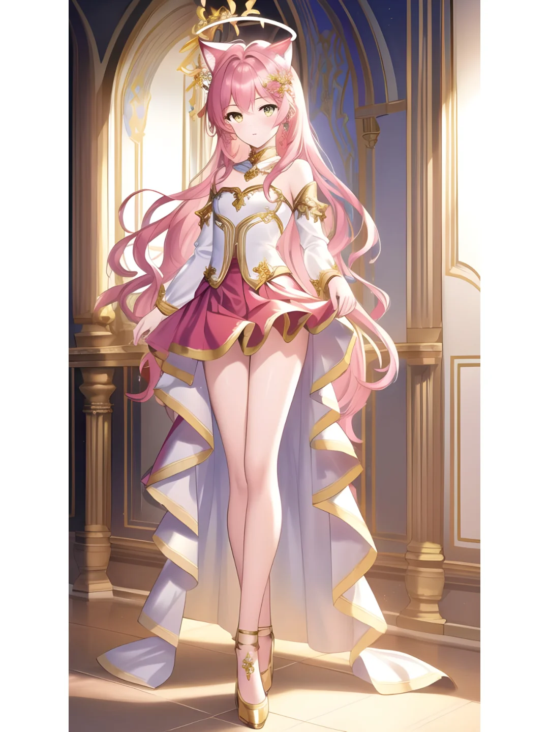 猫耳天使光环优雅长裙女孩，动漫二次元绘画