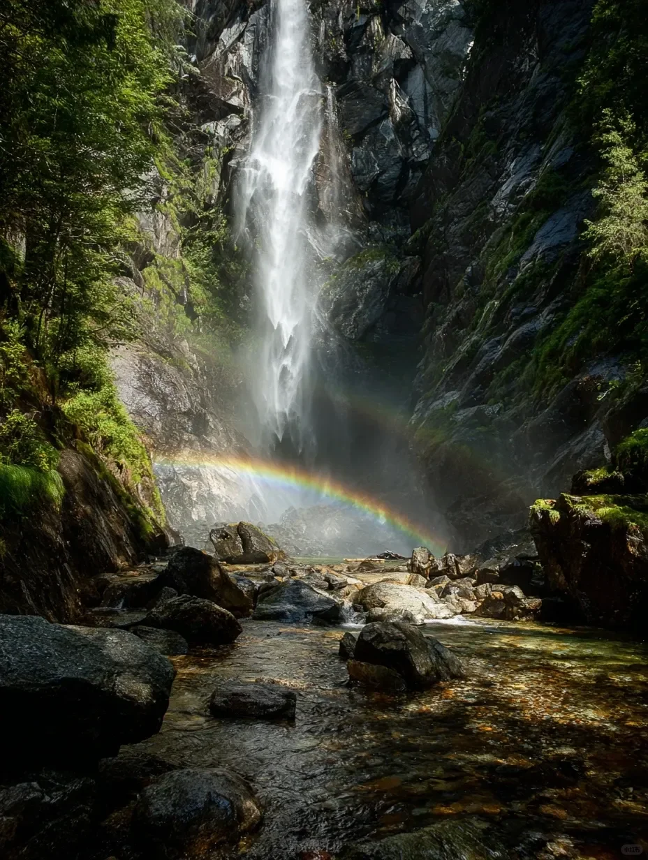 瀑布里，阳光像「魔法」一样洒落