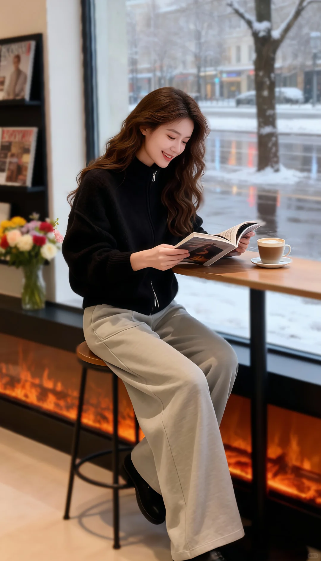 圈圈颗粒感外套+阔腿裤，打造冬日时尚新风