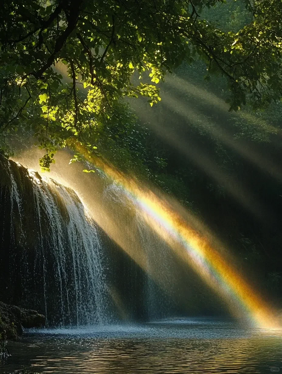 瀑布里，阳光像「魔法」一样洒落