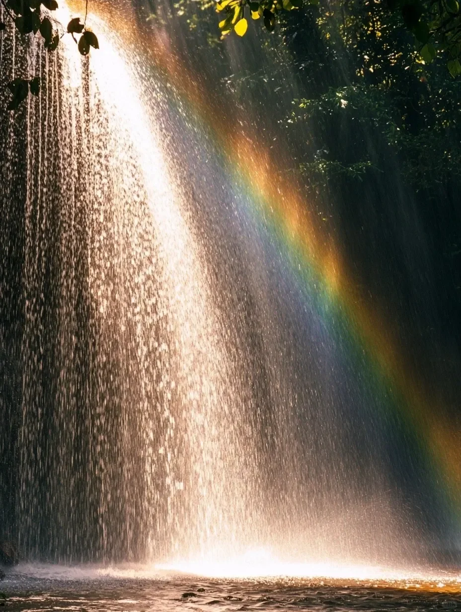 瀑布里，阳光像「魔法」一样洒落