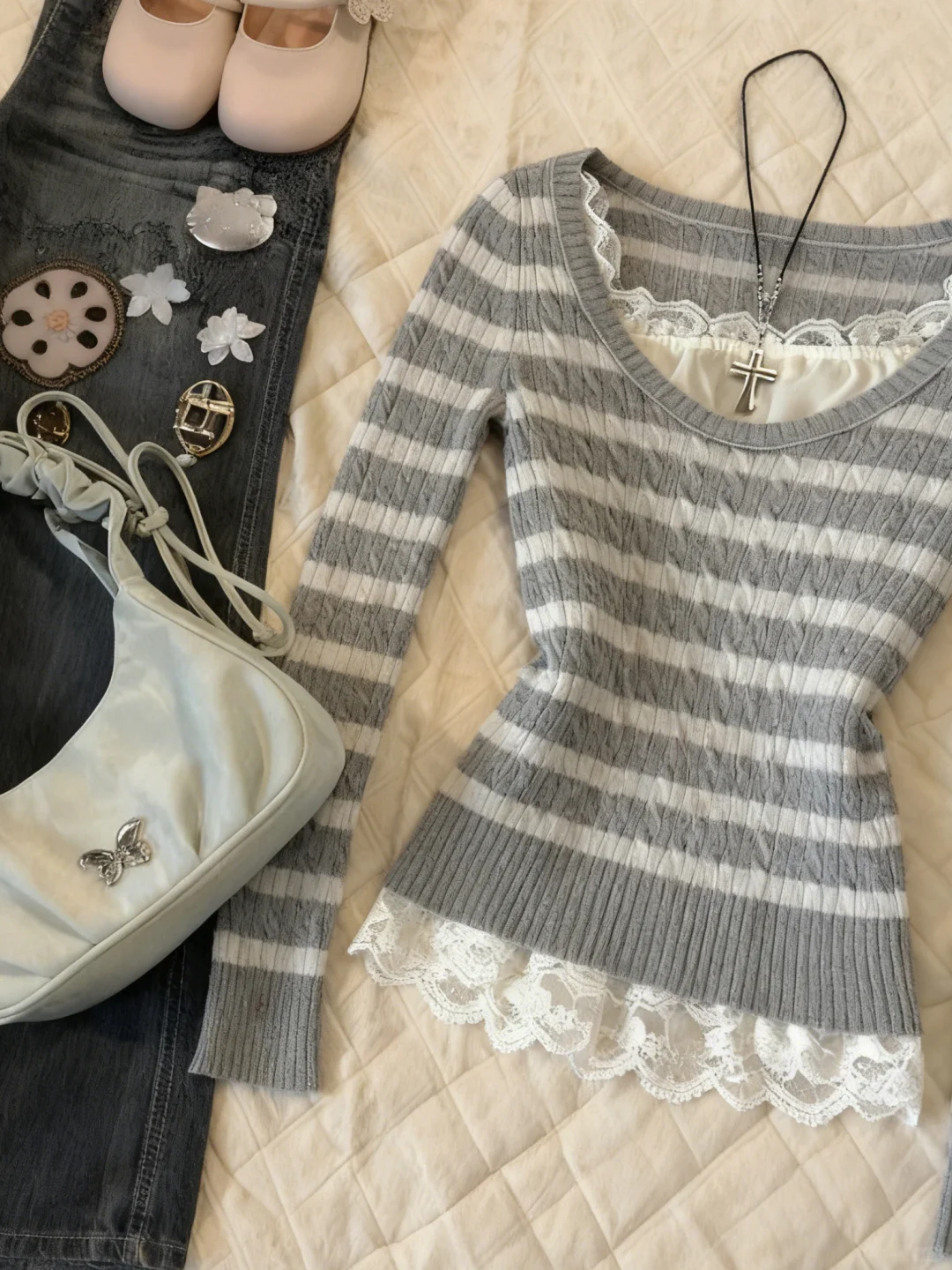 vintage 古着💕千禧辣妹复古条纹毛衣！