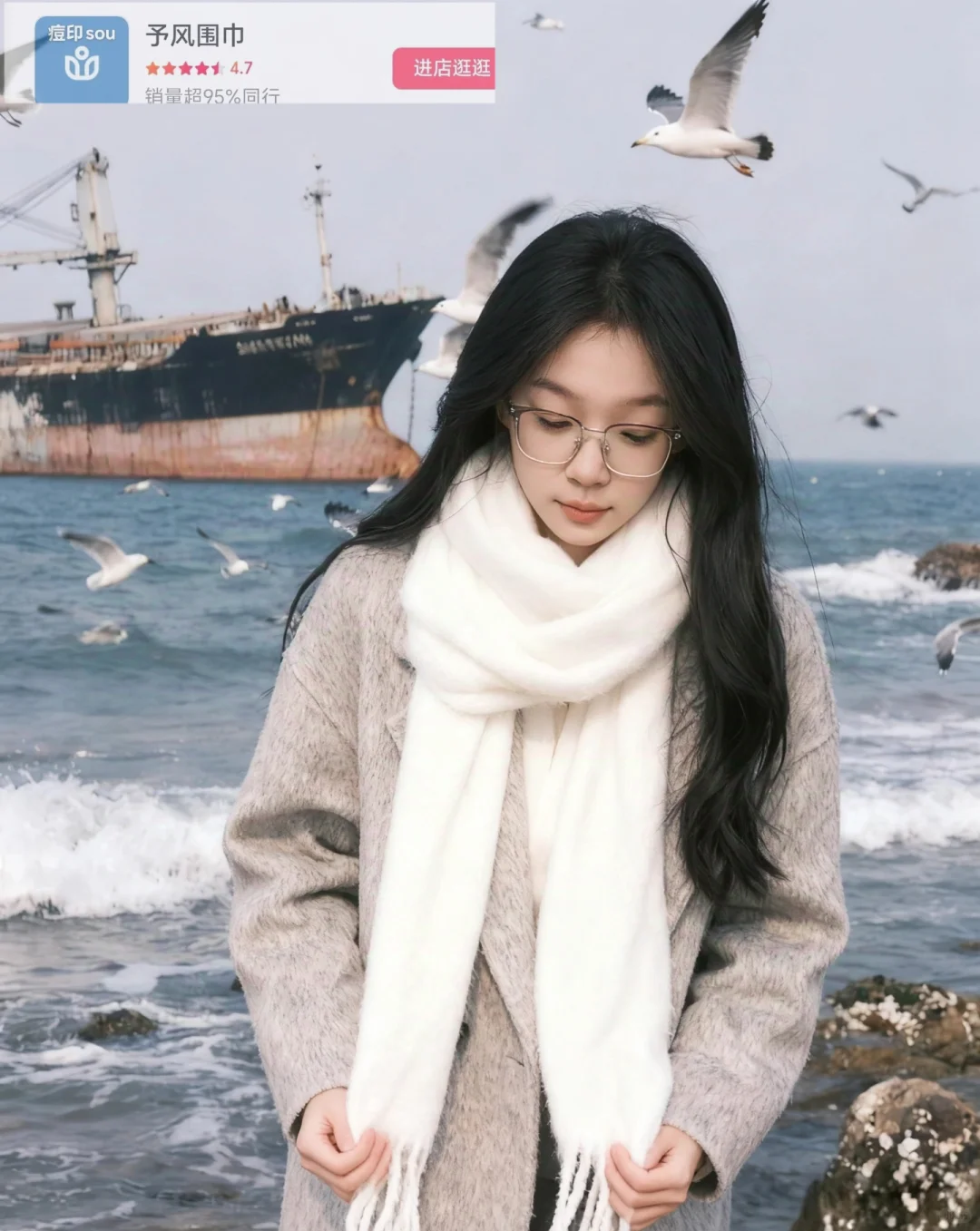 威海海边冬日穿搭| 浅灰大衣+白围巾的松弛