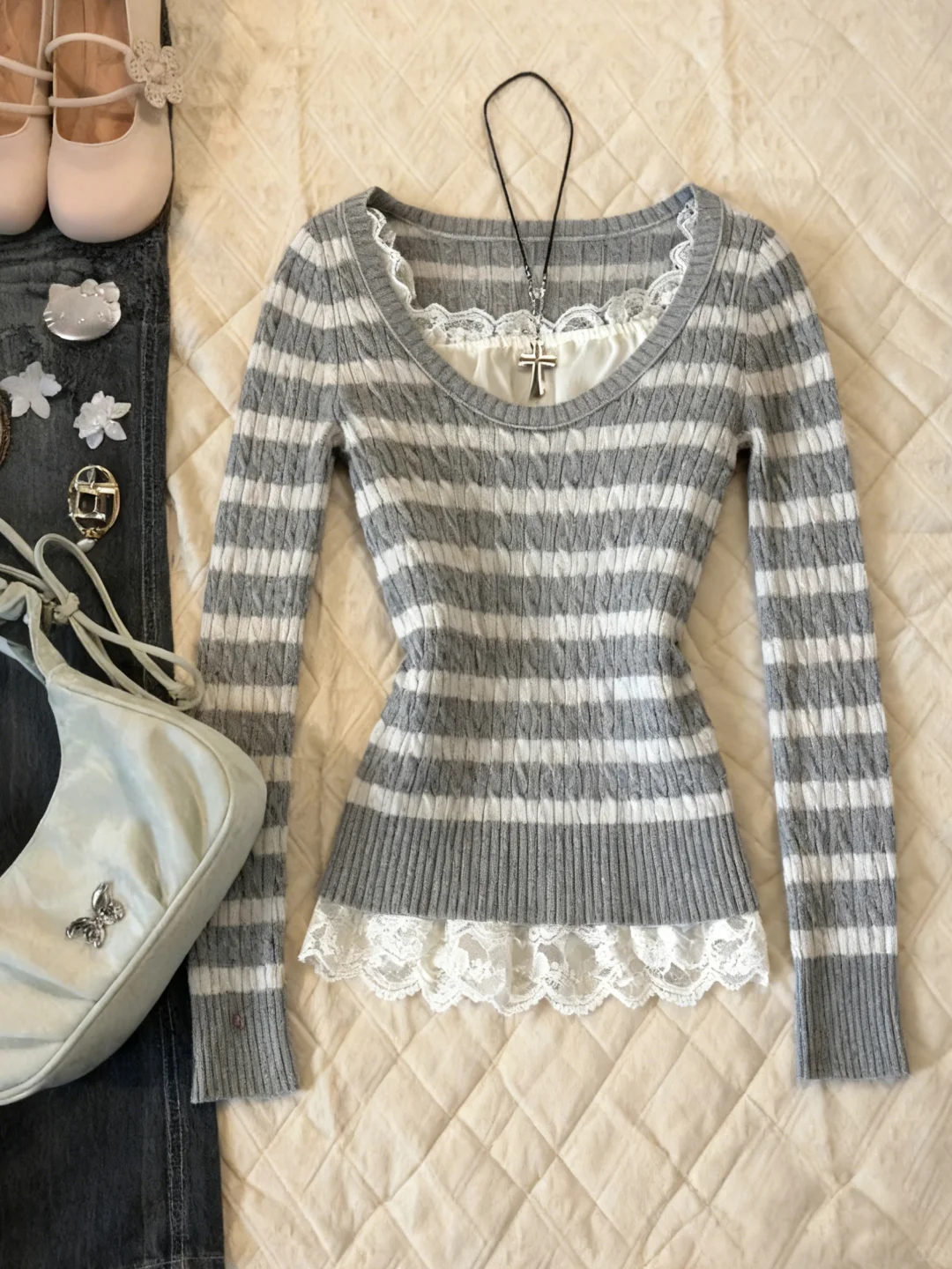 vintage 古着💕千禧辣妹复古条纹毛衣！