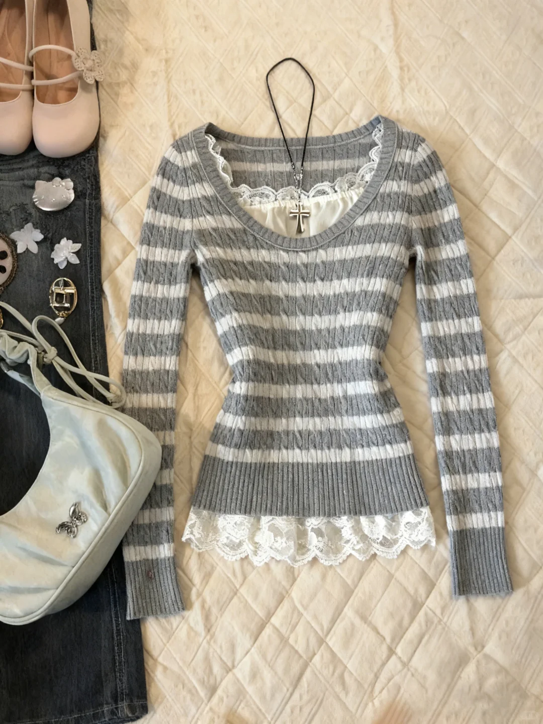 vintage 古着💕千禧辣妹复古条纹毛衣！