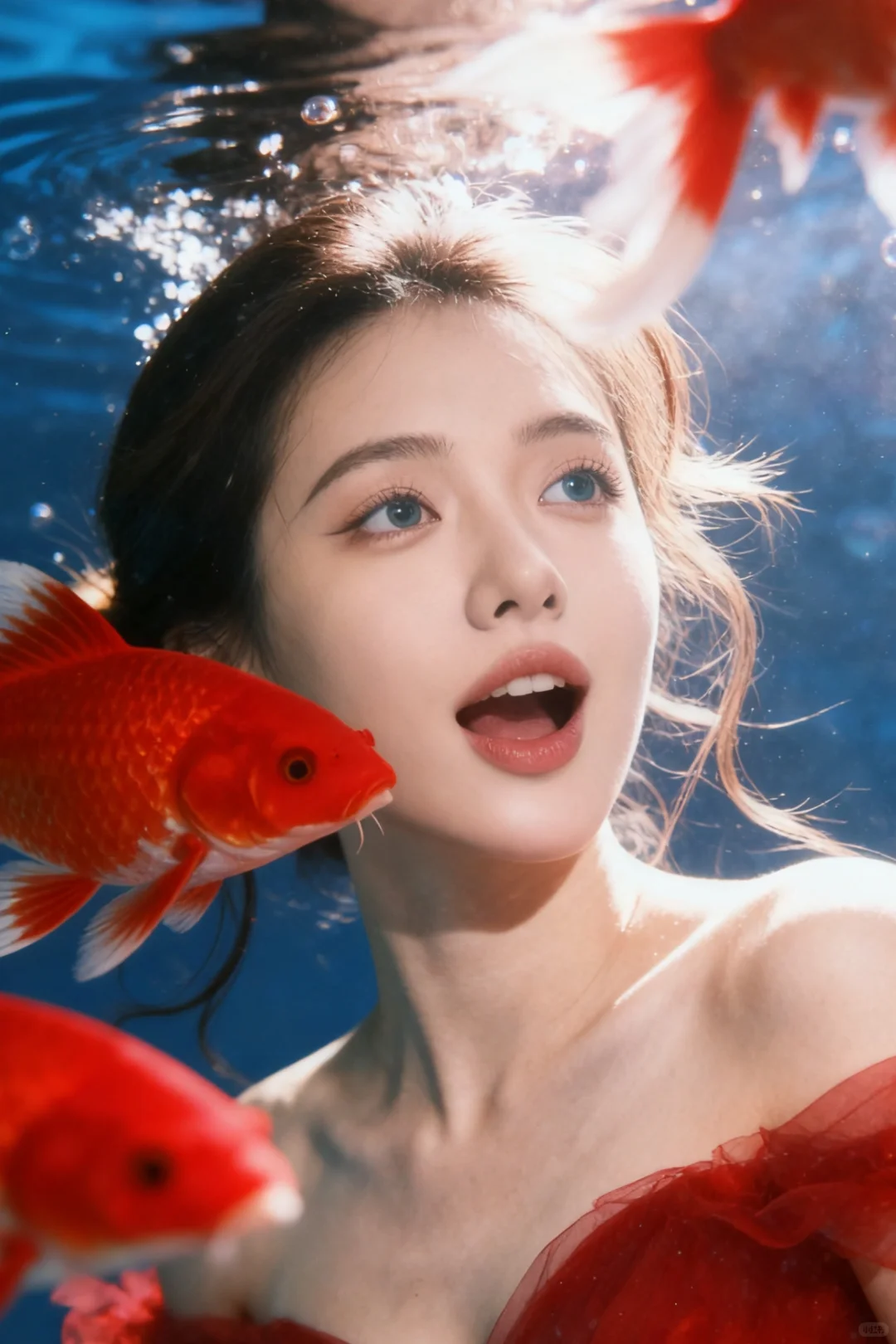 红裙与锦鲤的梦幻邂逅🐟｜AI生成‼️