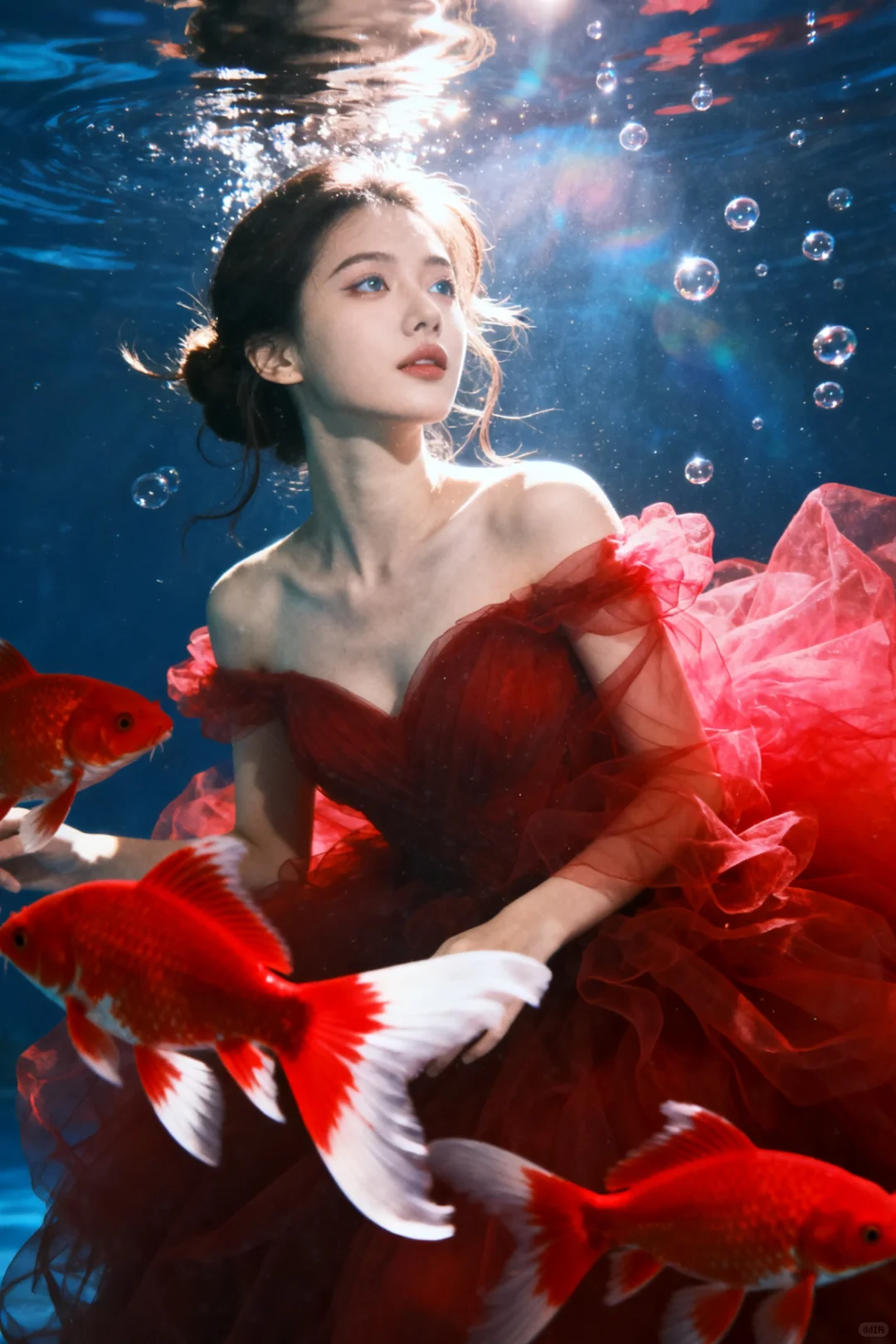 红裙与锦鲤的梦幻邂逅🐟｜AI生成‼️