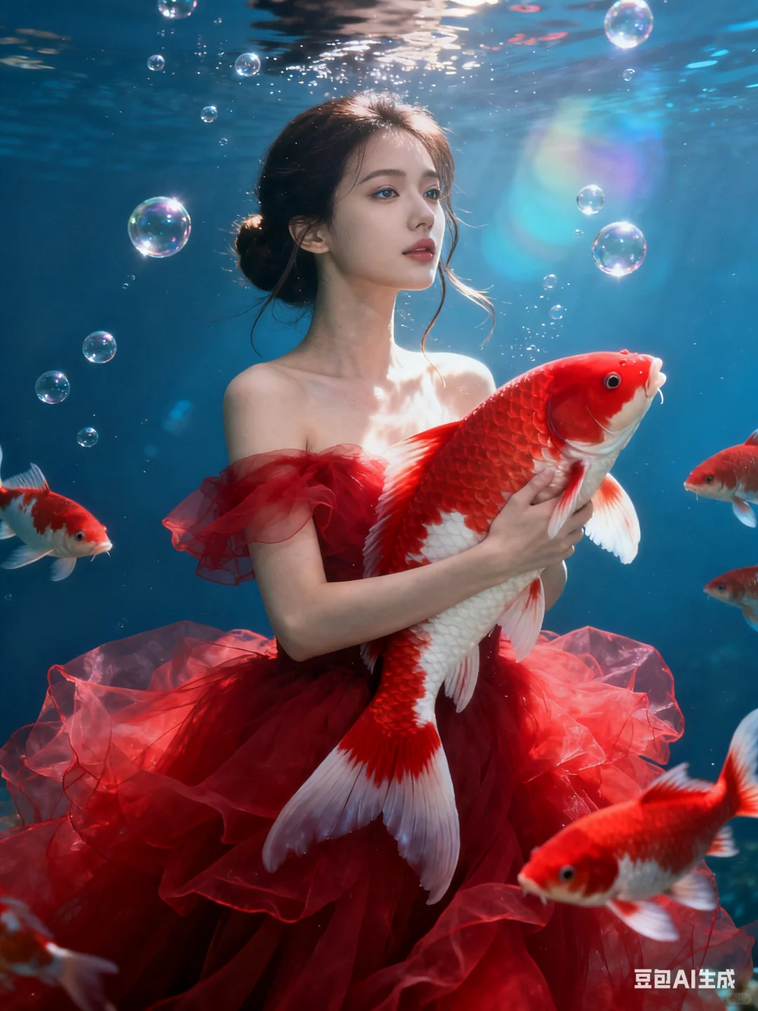 红裙与锦鲤的梦幻邂逅🐟｜AI生成‼️