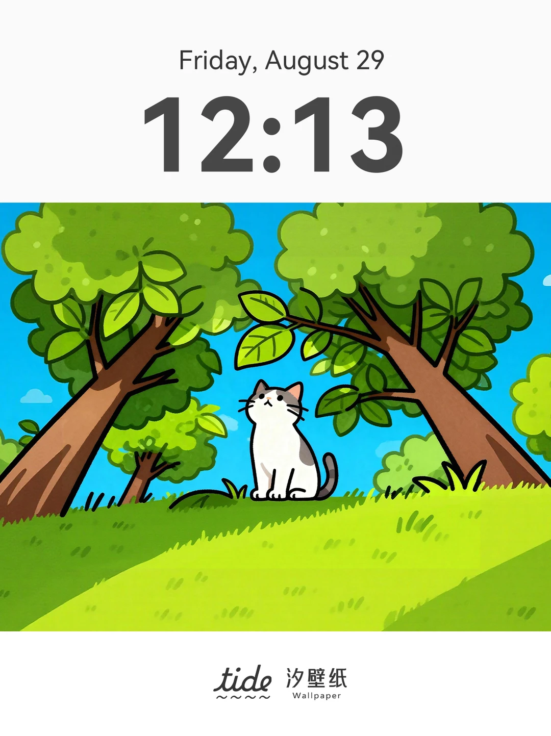 这个插画壁纸也太可爱了吧！ 🌲🐱☁️