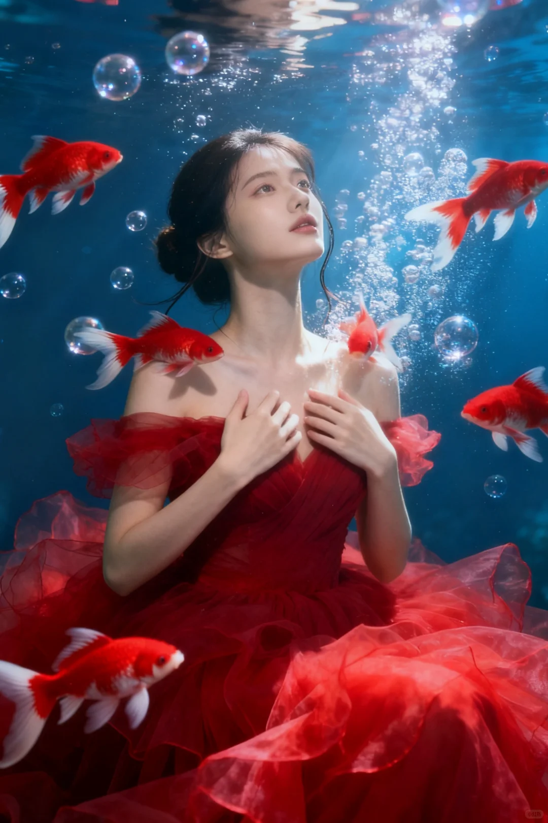 红裙与锦鲤的梦幻邂逅🐟｜AI生成‼️