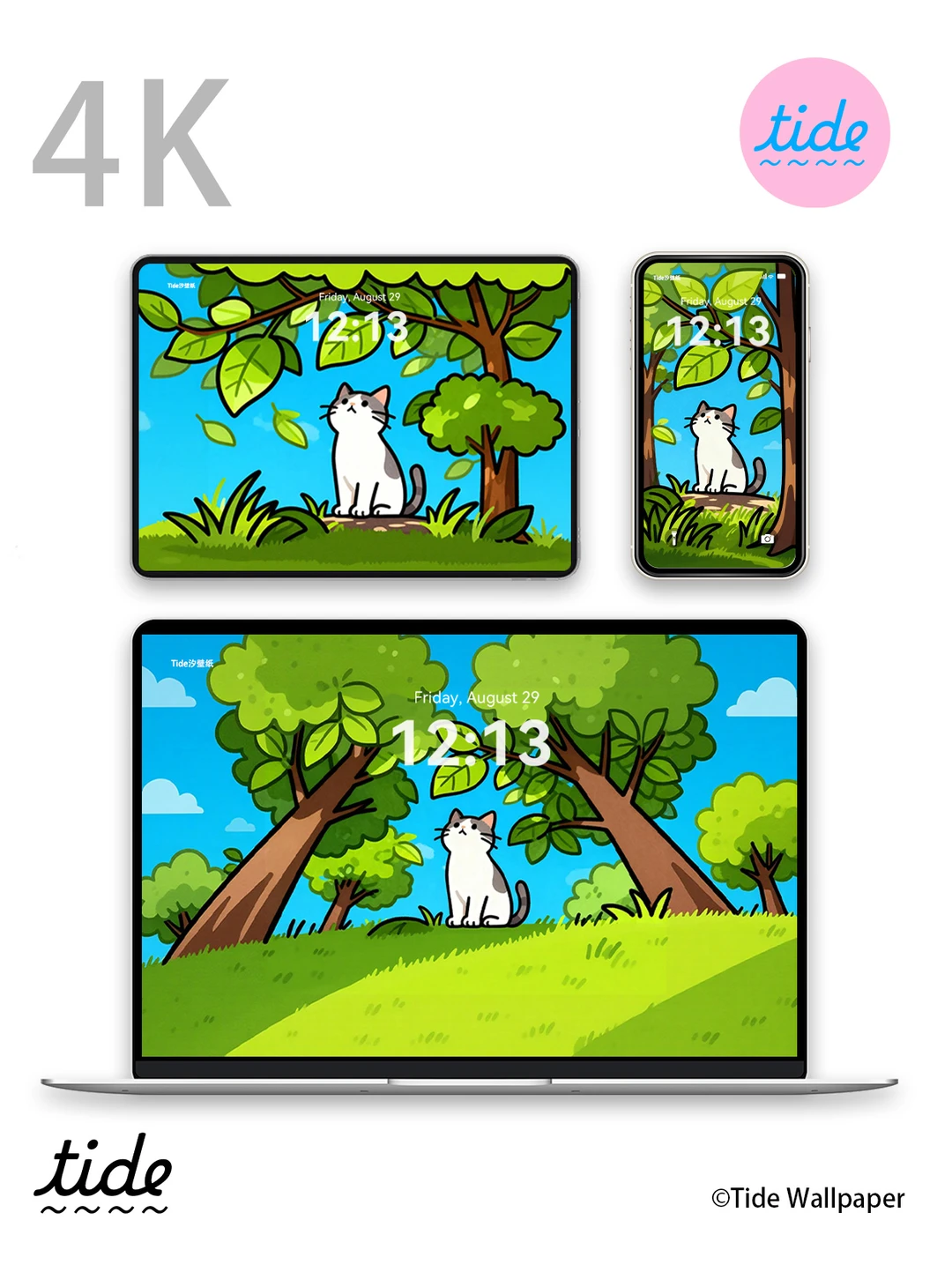 这个插画壁纸也太可爱了吧！ 🌲🐱☁️