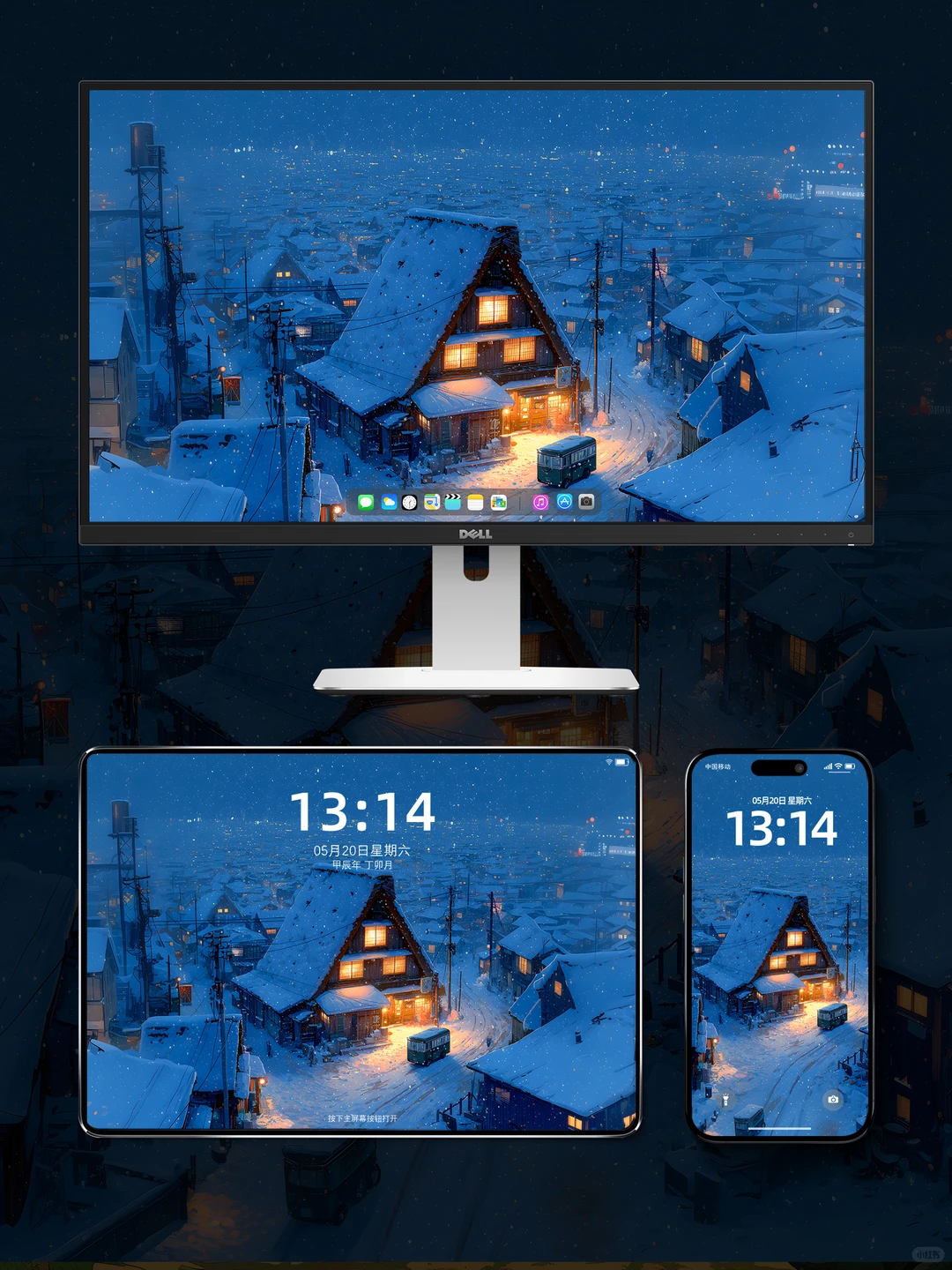 雪夜下的城镇，氛围感壁纸