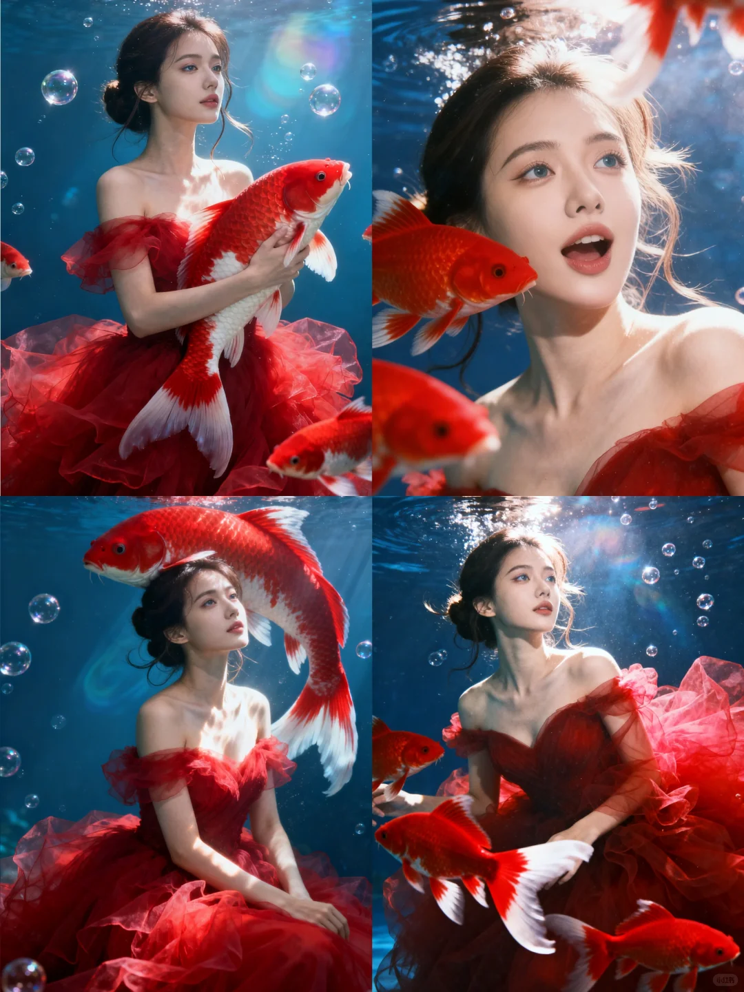 红裙与锦鲤的梦幻邂逅🐟｜AI生成‼️