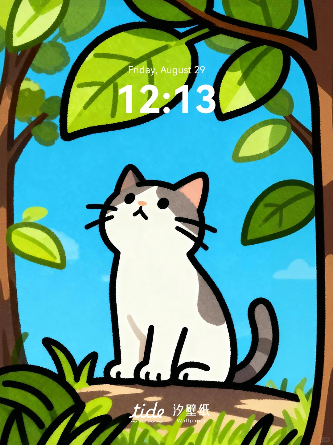 这个插画壁纸也太可爱了吧！ 🌲🐱☁️