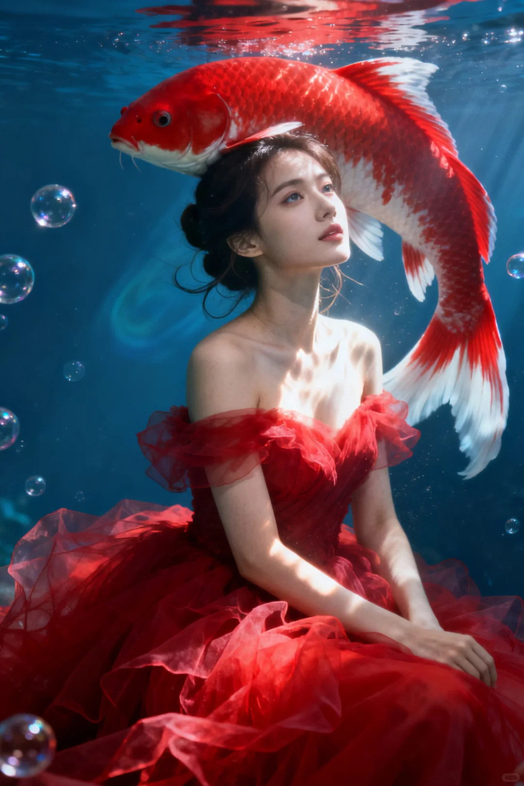 红裙与锦鲤的梦幻邂逅🐟｜AI生成‼️