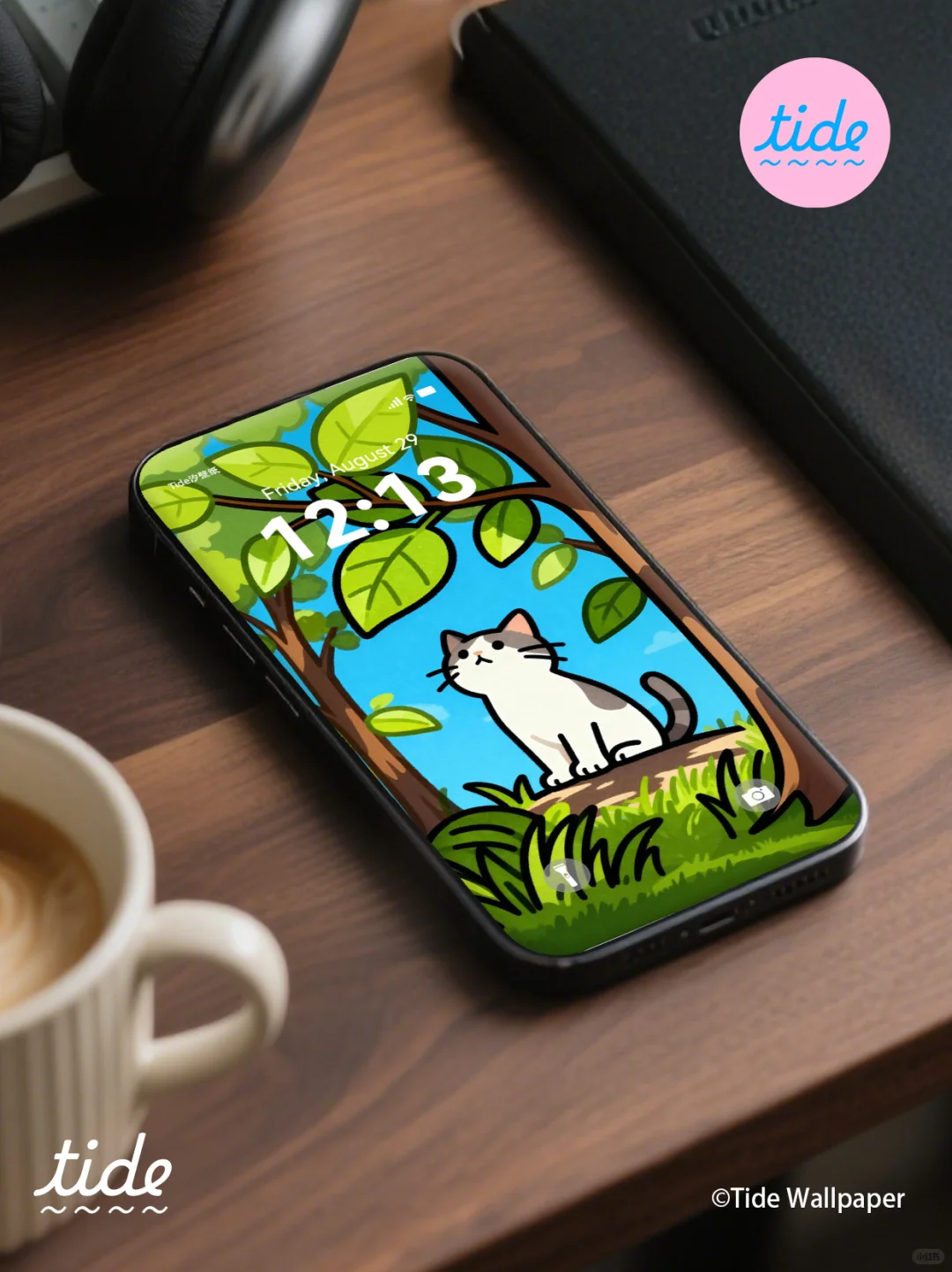 这个插画壁纸也太可爱了吧！ 🌲🐱☁️