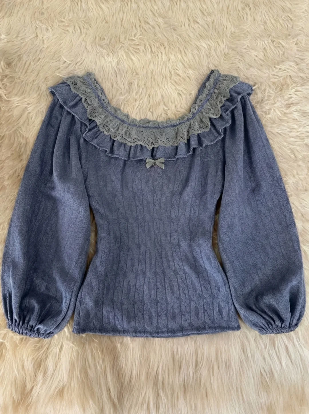 深蓝色蕾丝针织打底衫🖤vintage古着~