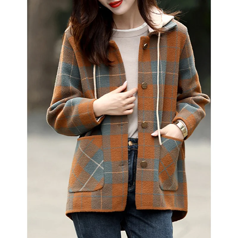 连帽毛呢外套女秋冬季2025年新款格子🎈