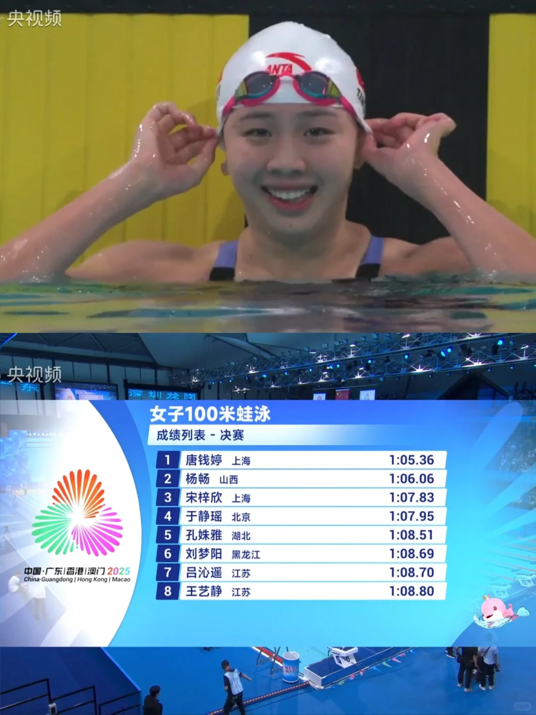 唐钱婷1:05.36无悬念首夺全运会100蛙冠军