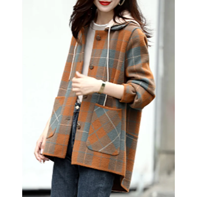 连帽毛呢外套女秋冬季2025年新款格子🎈