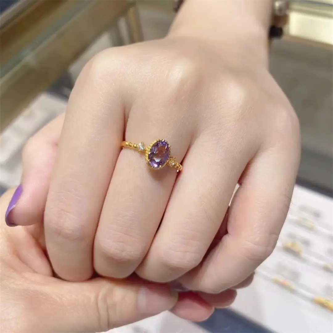 紫水晶戒指女镀金复古文艺小众设计开口戒轻