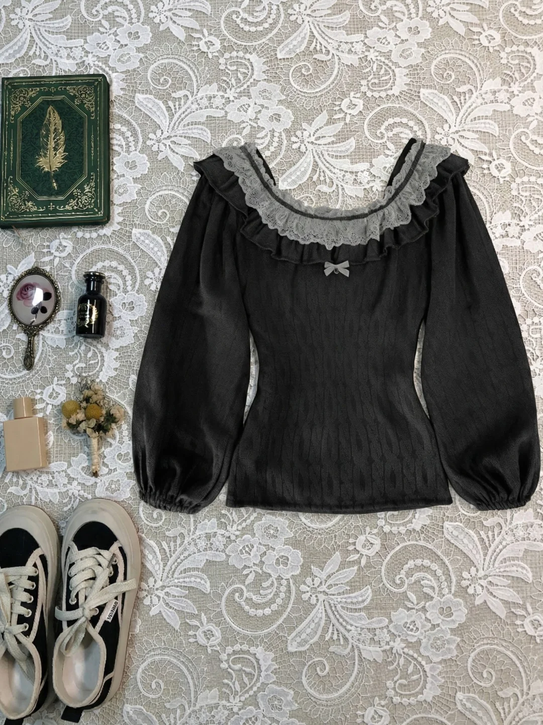 深蓝色蕾丝针织打底衫🖤vintage古着~