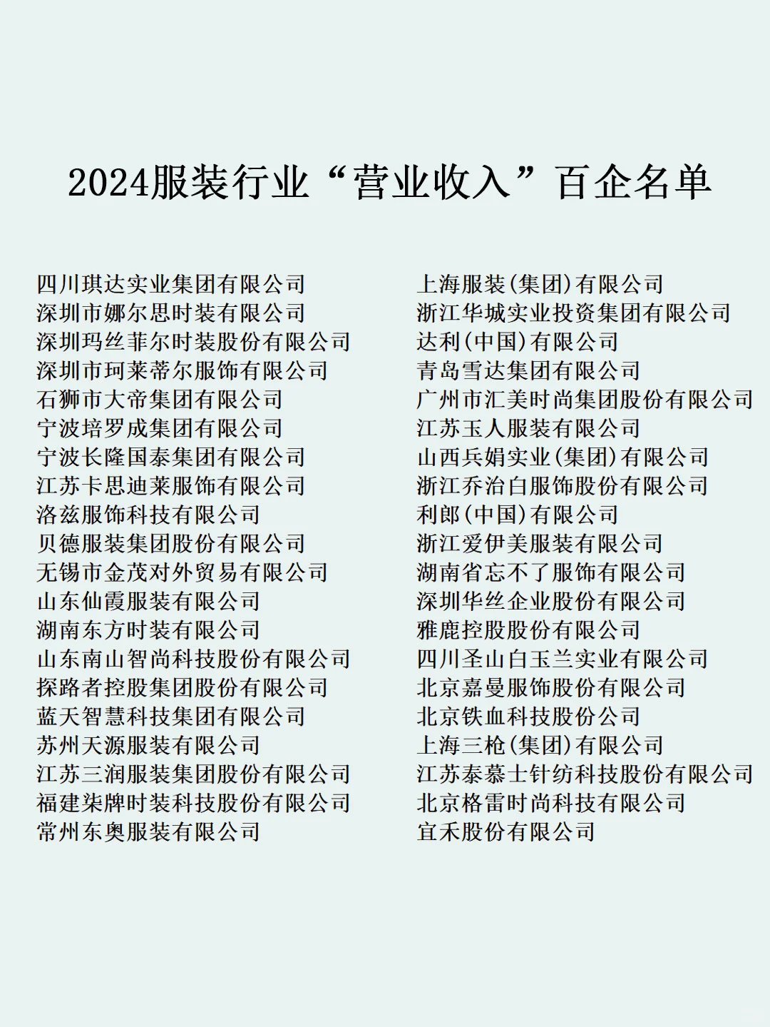 中国服装协会2024行业“营业收入”百企名单