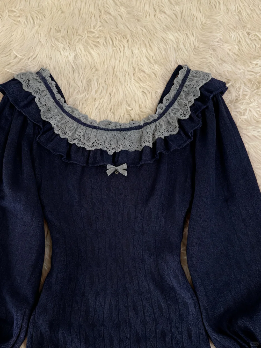 深蓝色蕾丝针织打底衫🖤vintage古着~