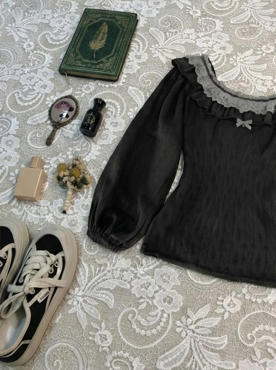 深蓝色蕾丝针织打底衫🖤vintage古着~