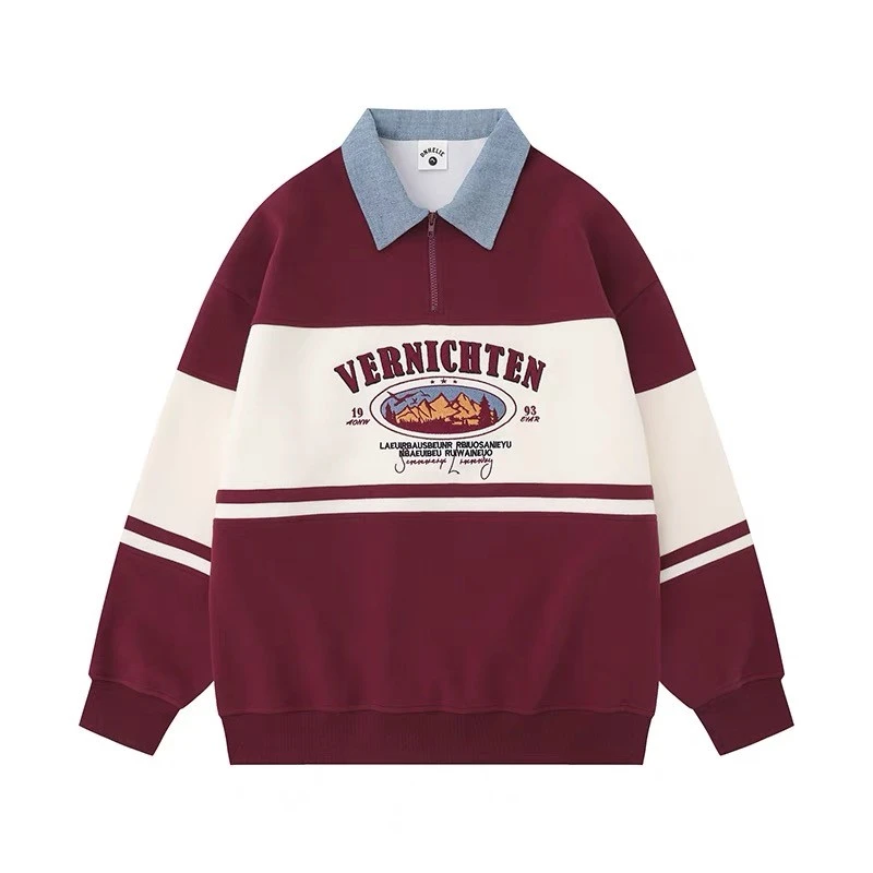 酒红POLO领卫衣🍷美式复古学院风绝