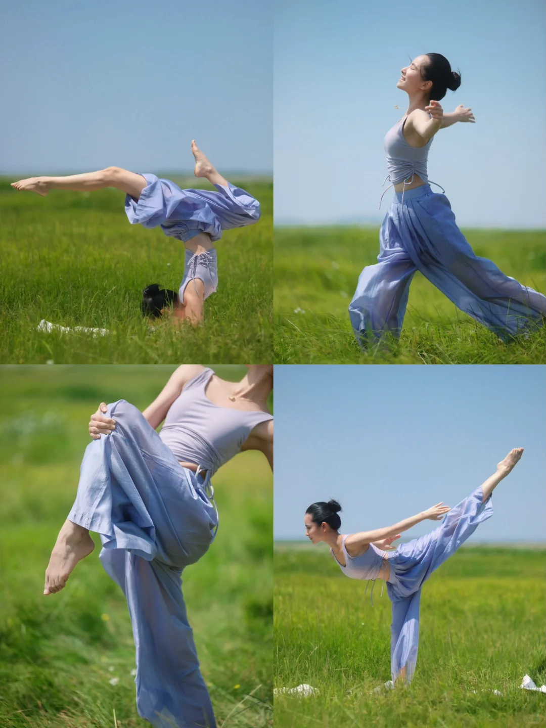 她在田野里自由自在的瑜伽 奔跑 舞动着
