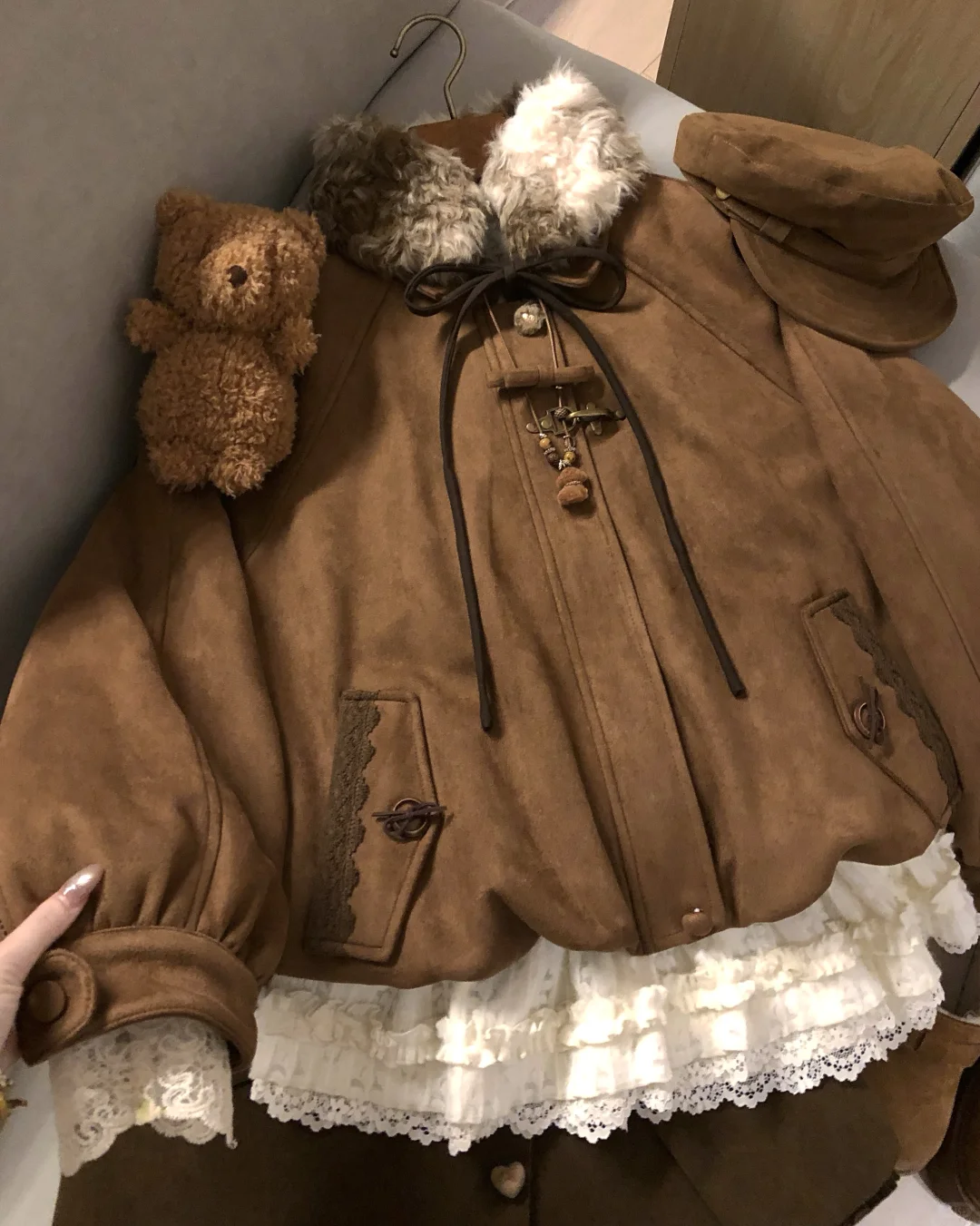 日系古早味叠穿🌰🍂毛毛领vintage花苞外套