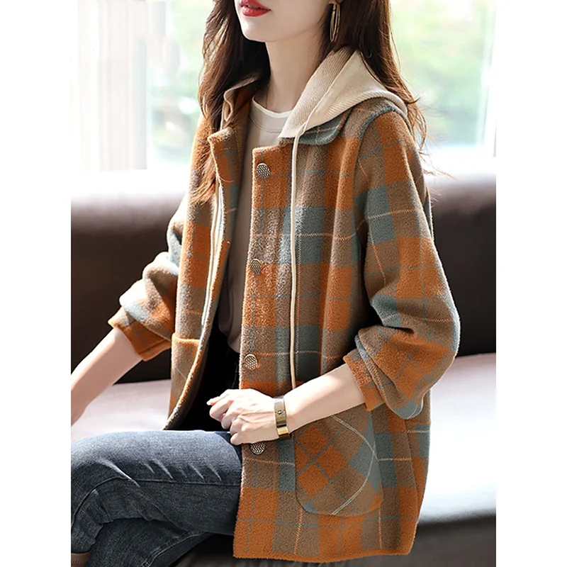 连帽毛呢外套女秋冬季2025年新款格子🎈