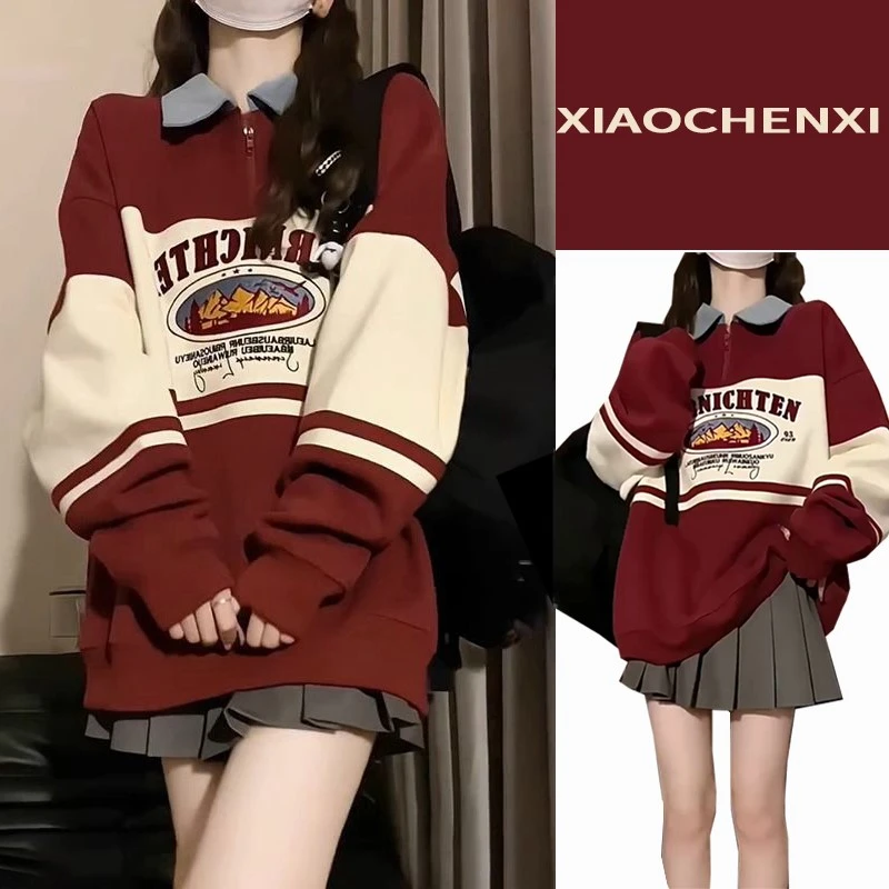酒红POLO领卫衣🍷美式复古学院风绝
