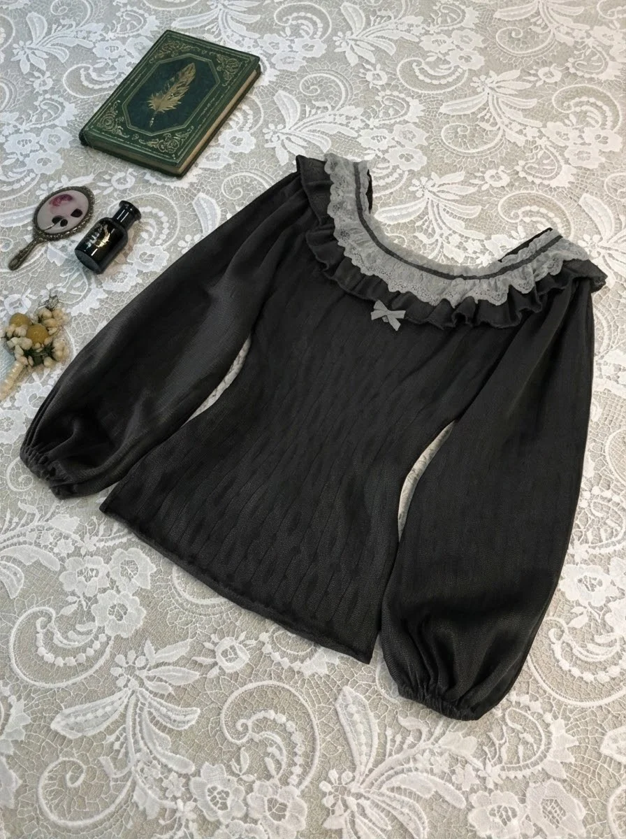 深蓝色蕾丝针织打底衫🖤vintage古着~