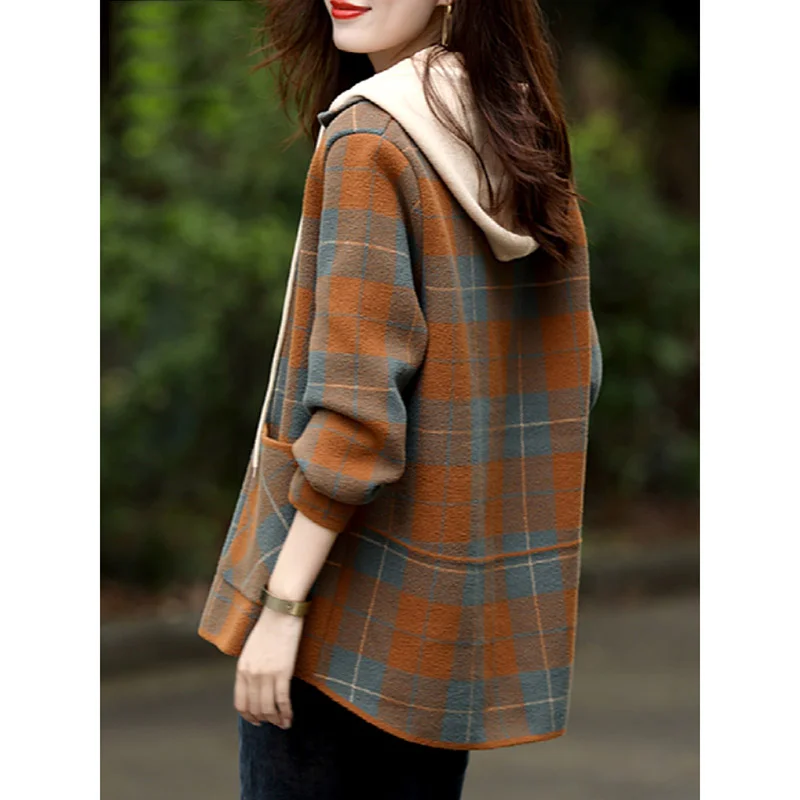 连帽毛呢外套女秋冬季2025年新款格子🎈