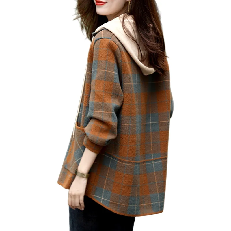 连帽毛呢外套女秋冬季2025年新款格子🎈
