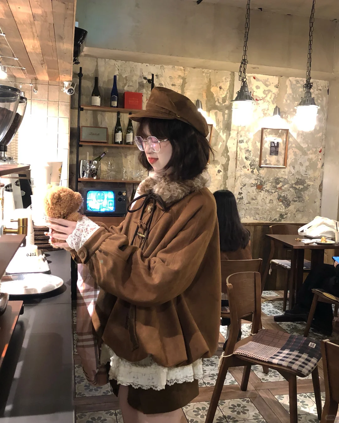 日系古早味叠穿🌰🍂毛毛领vintage花苞外套