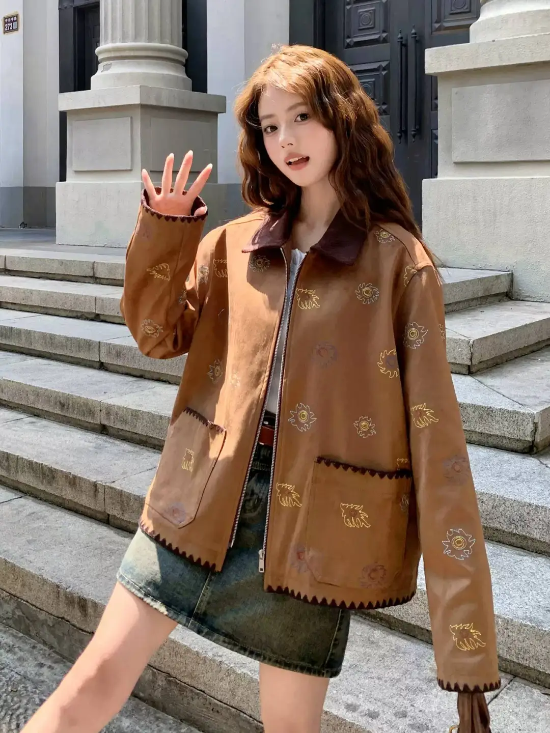 复古刺绣麂皮绒短外套女2025秋季新款🔥