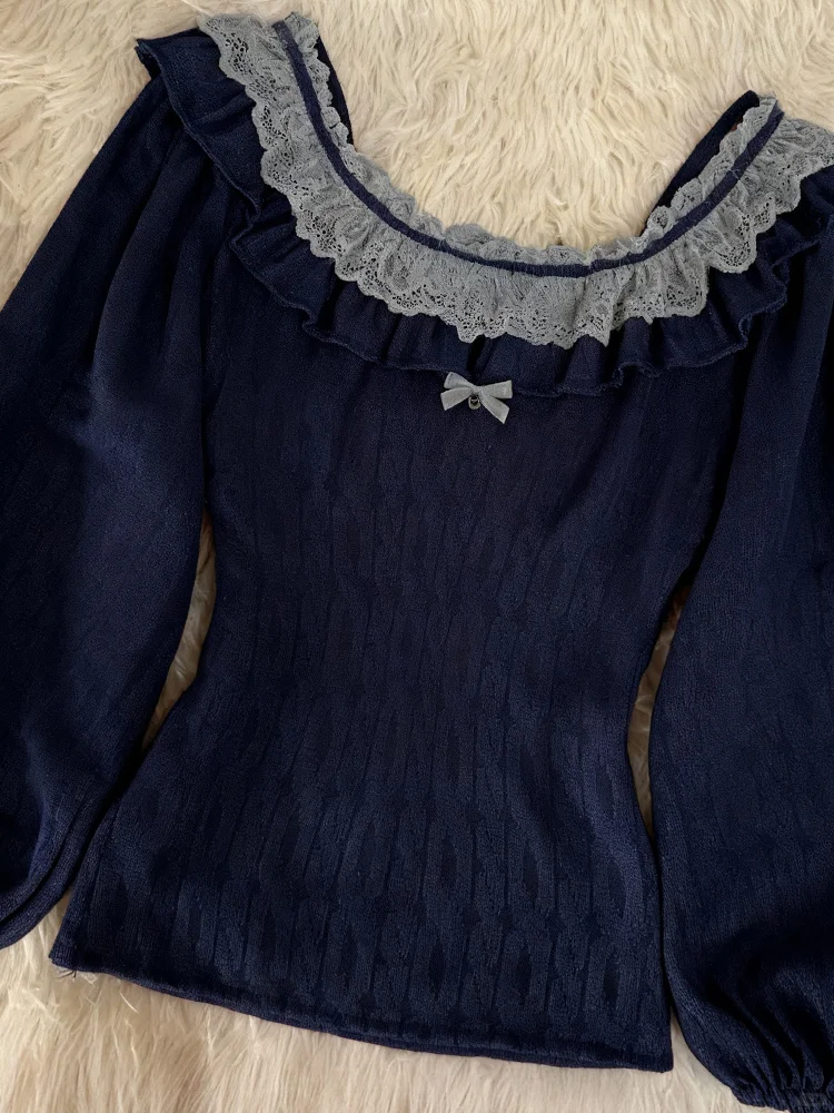 深蓝色蕾丝针织打底衫🖤vintage古着~