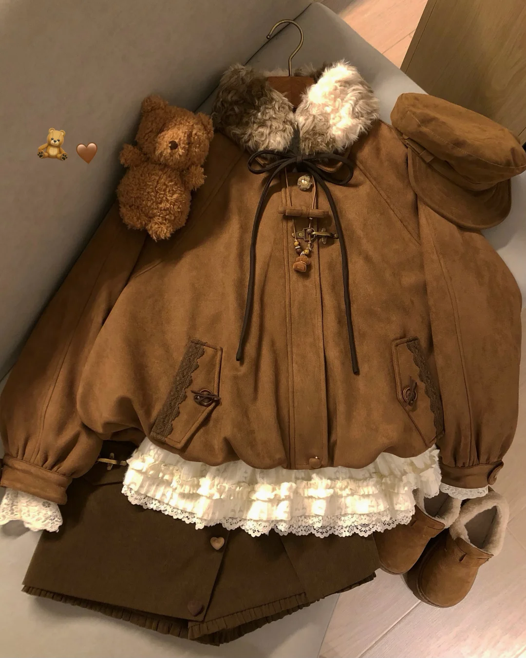 日系古早味叠穿🌰🍂毛毛领vintage花苞外套