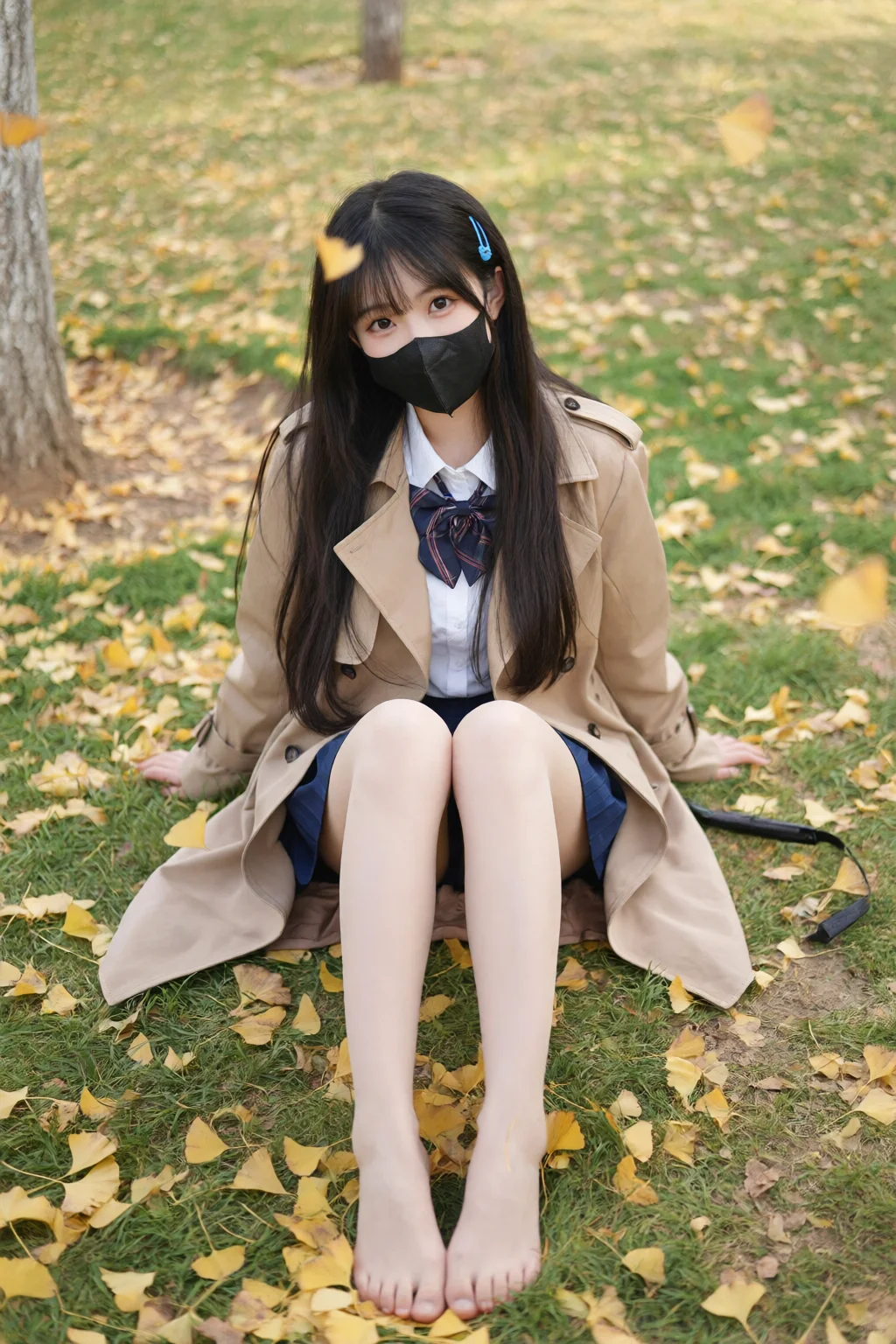 在银杏树下发现一只赤脚女孩