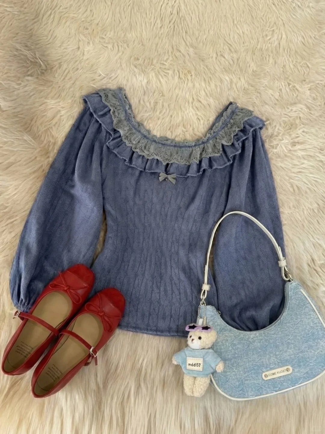 深蓝色蕾丝针织打底衫🖤vintage古着~