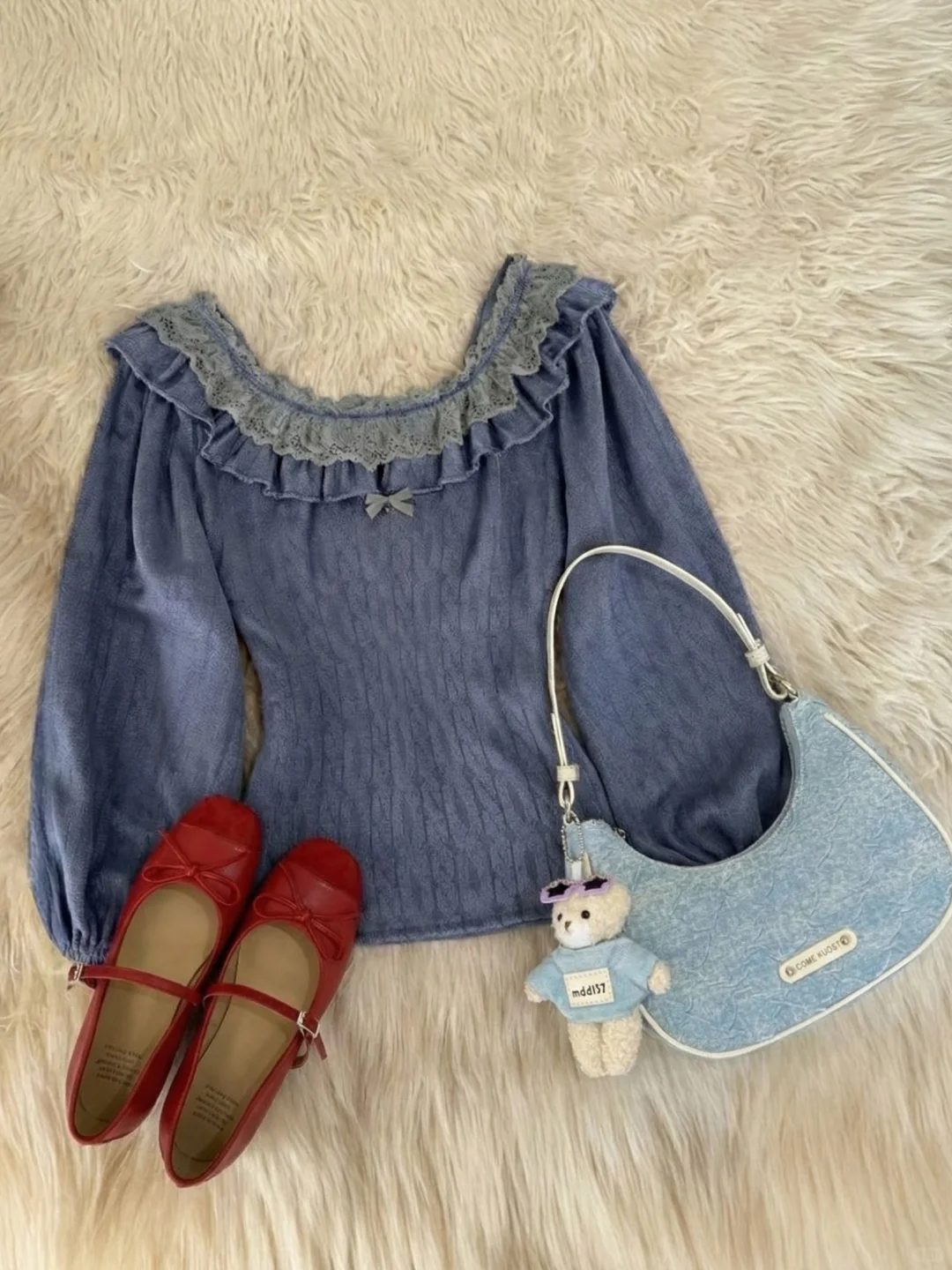 深蓝色蕾丝针织打底衫🖤vintage古着~