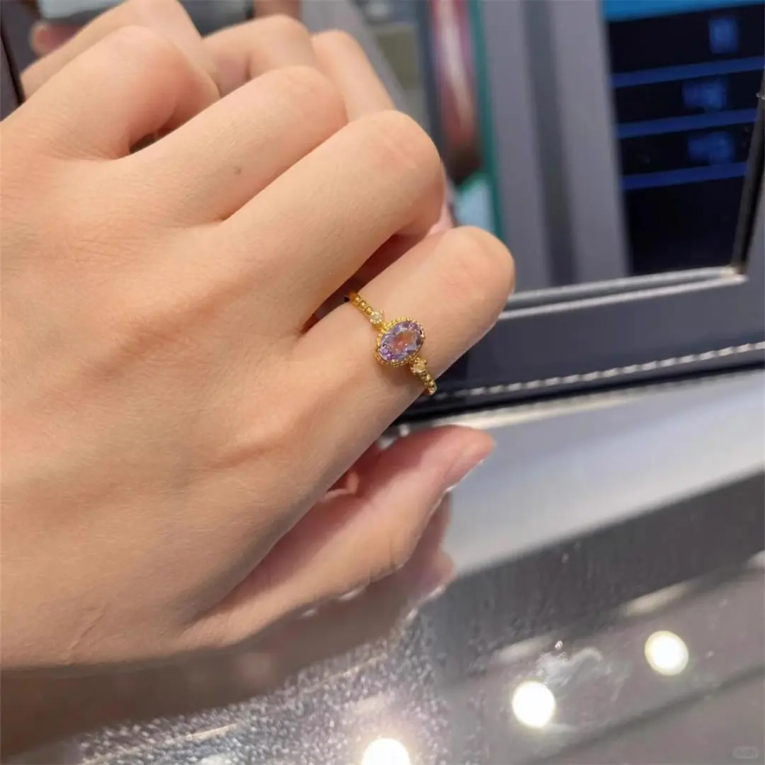 紫水晶戒指女镀金复古文艺小众设计开口戒轻