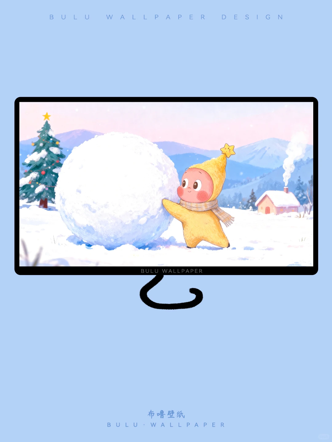 168 | 星星人推雪球·可爱圣诞雪景电脑壁纸