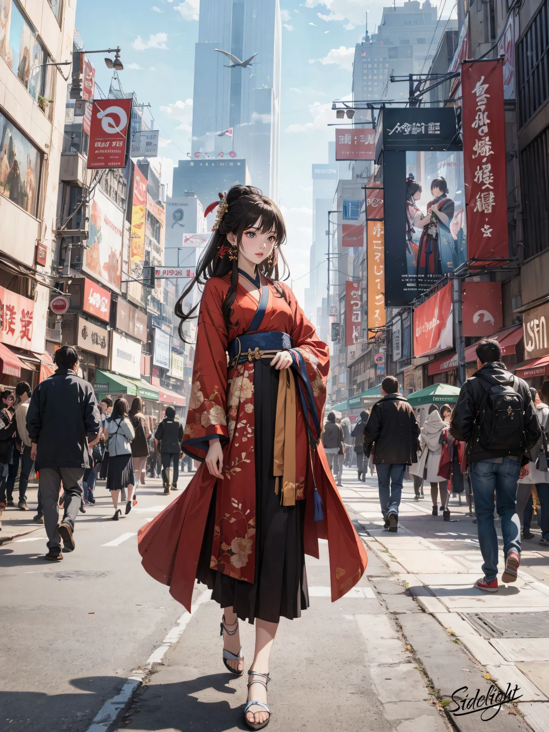 二次元插画 | 大都市中的汉服女孩