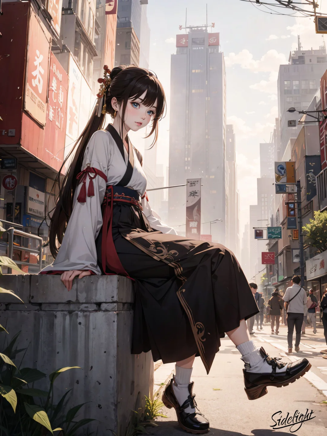 二次元插画 | 大都市中的汉服女孩