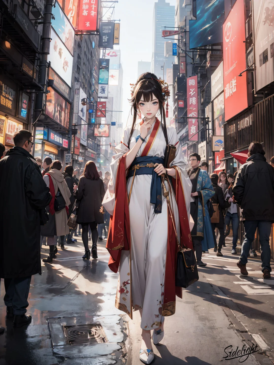 二次元插画 | 大都市中的汉服女孩